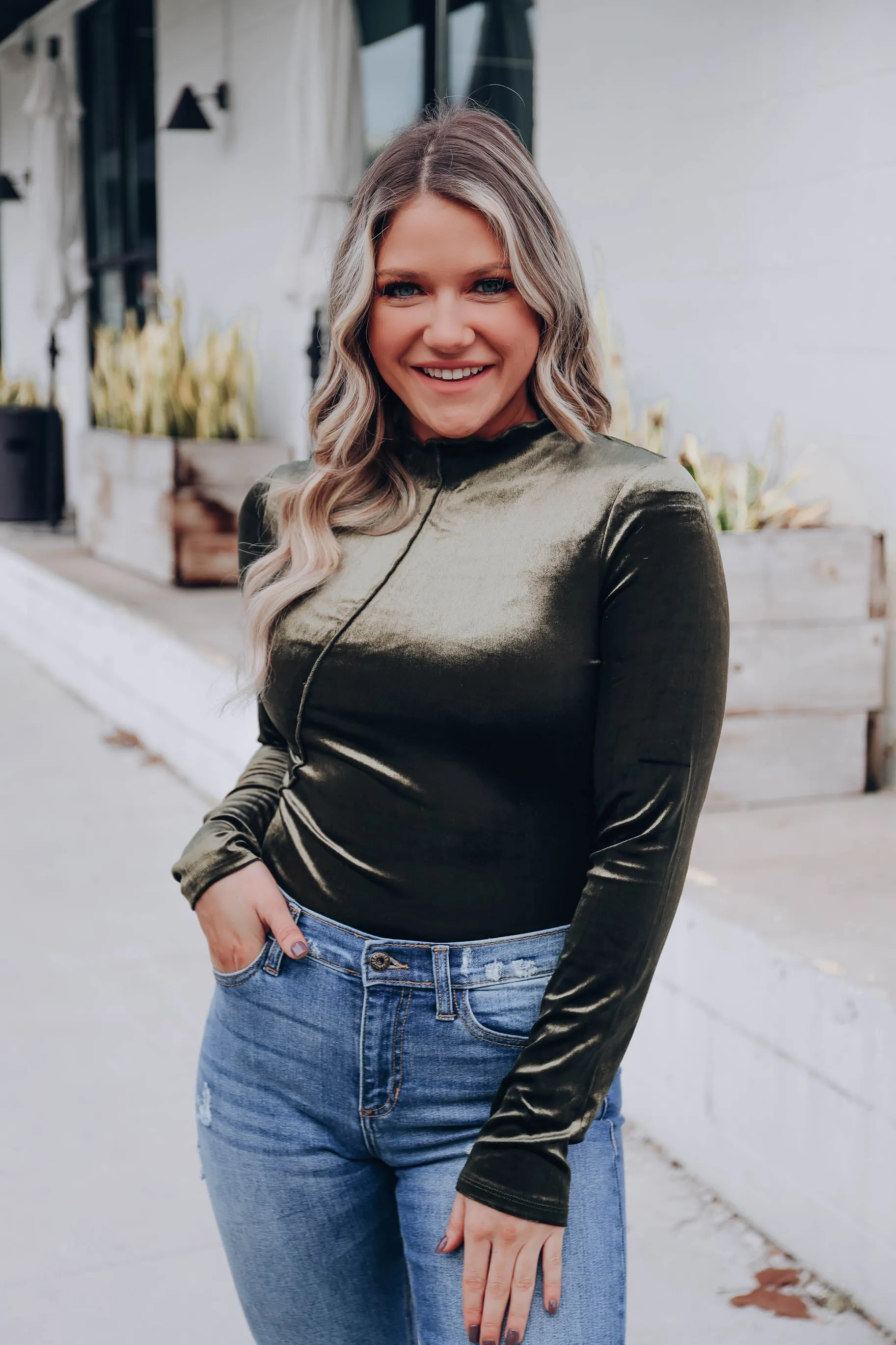 Cairo Velvet Mock Neck Bodysuit - Dark Olive
