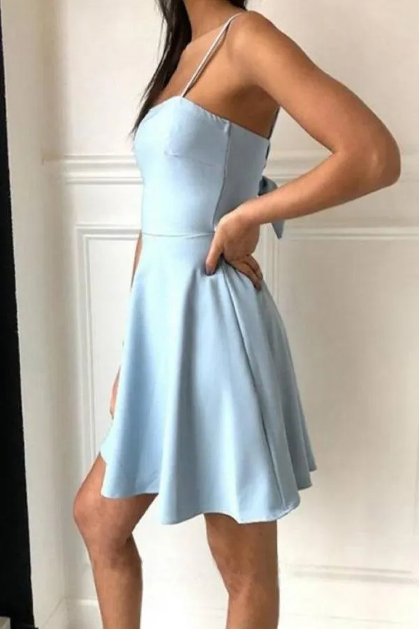 Chic A-line Spaghetti Straps Blue Homecoming Dress with Bowknot HD0143