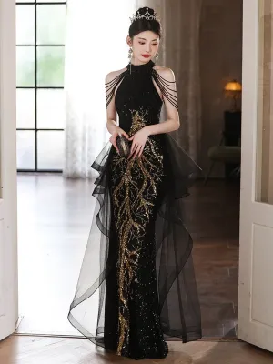 Chic Black Sequins Halter Party Dress with Lace Applique, Black Long Prom Dress
