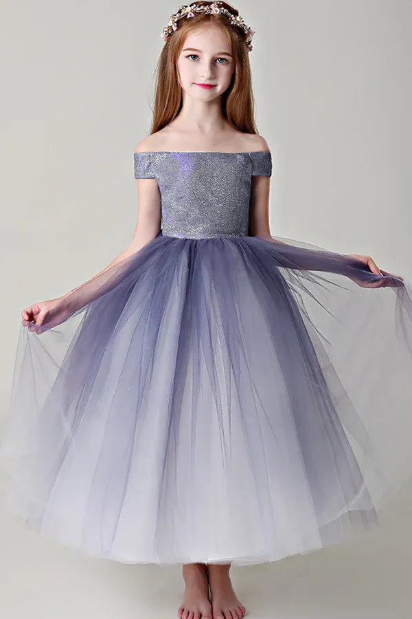Chic Off The Shoulder Sleeveless Tulle Sequins Floor Length Flower Girl Dresses APF0015