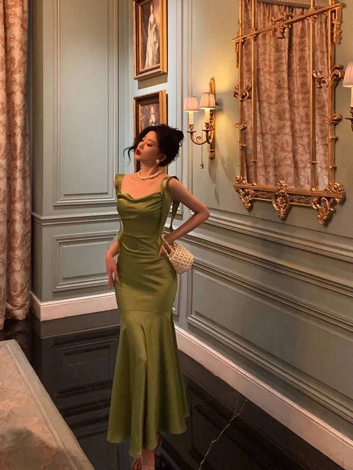 Green Satin Mermaid Straps Long Party Dress, Green Chic Evening Dress Prom Dress