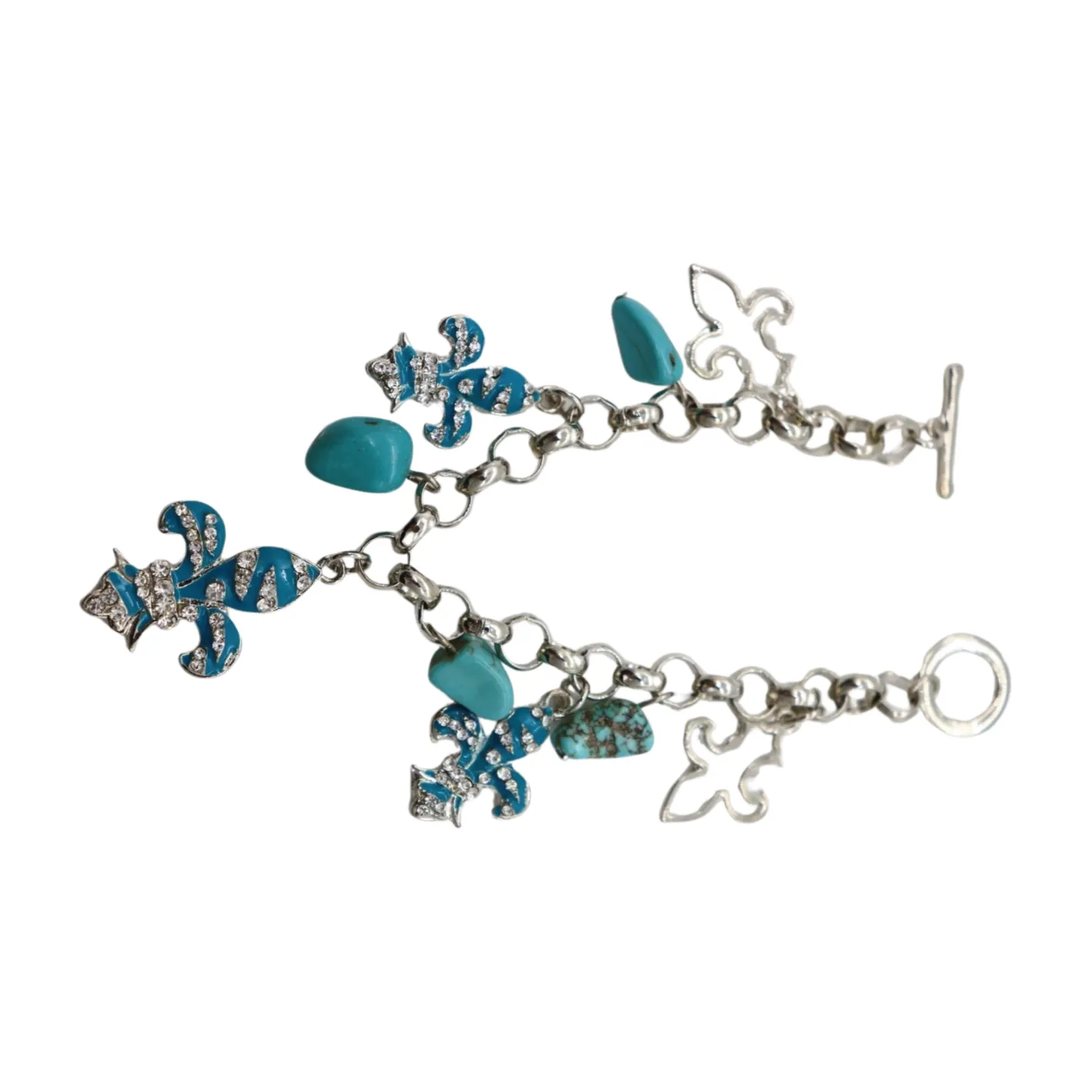 New Women Silver Metal Chain Bracelet Turquoise Blue Beads Color Fleur De Lis Flower