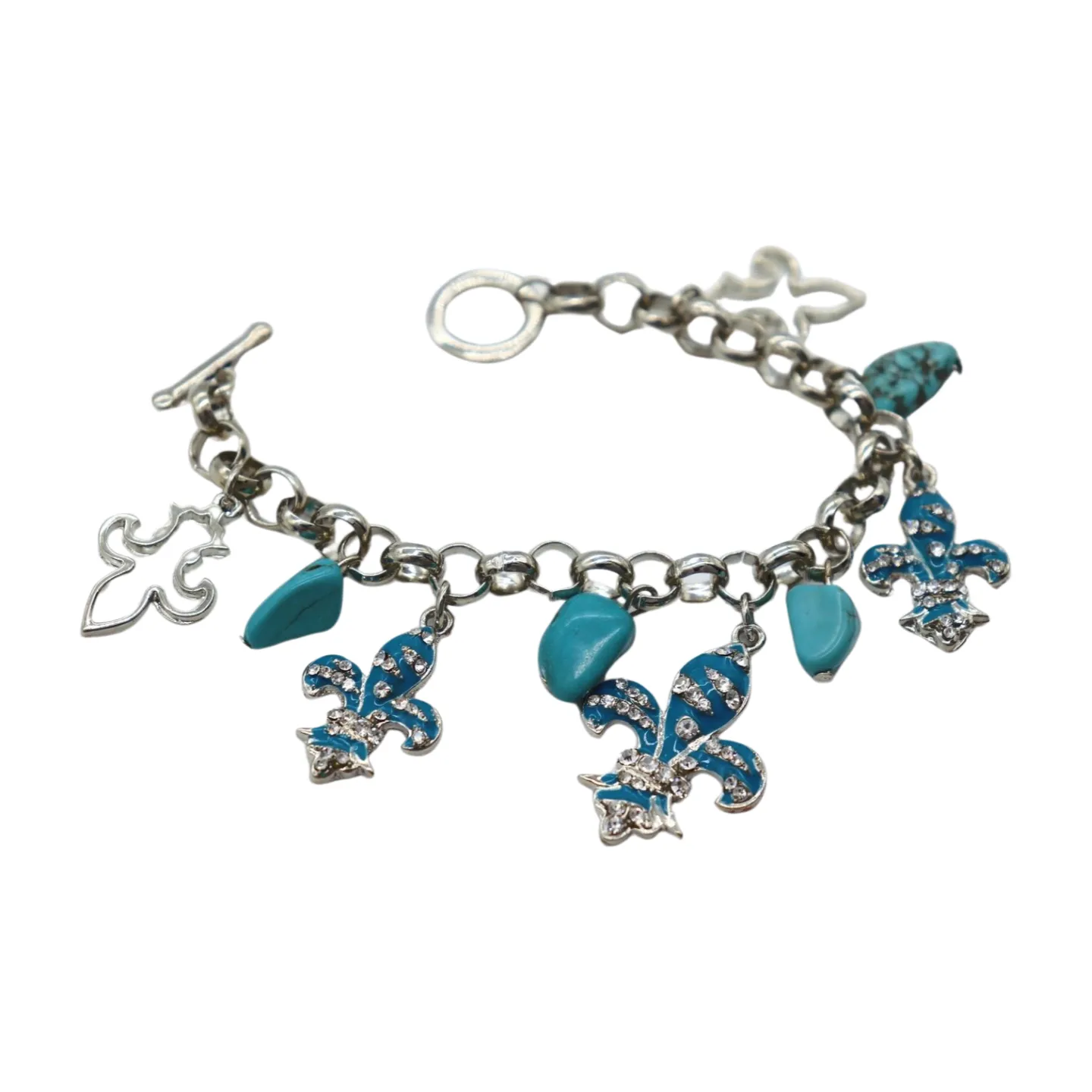 New Women Silver Metal Chain Bracelet Turquoise Blue Beads Color Fleur De Lis Flower