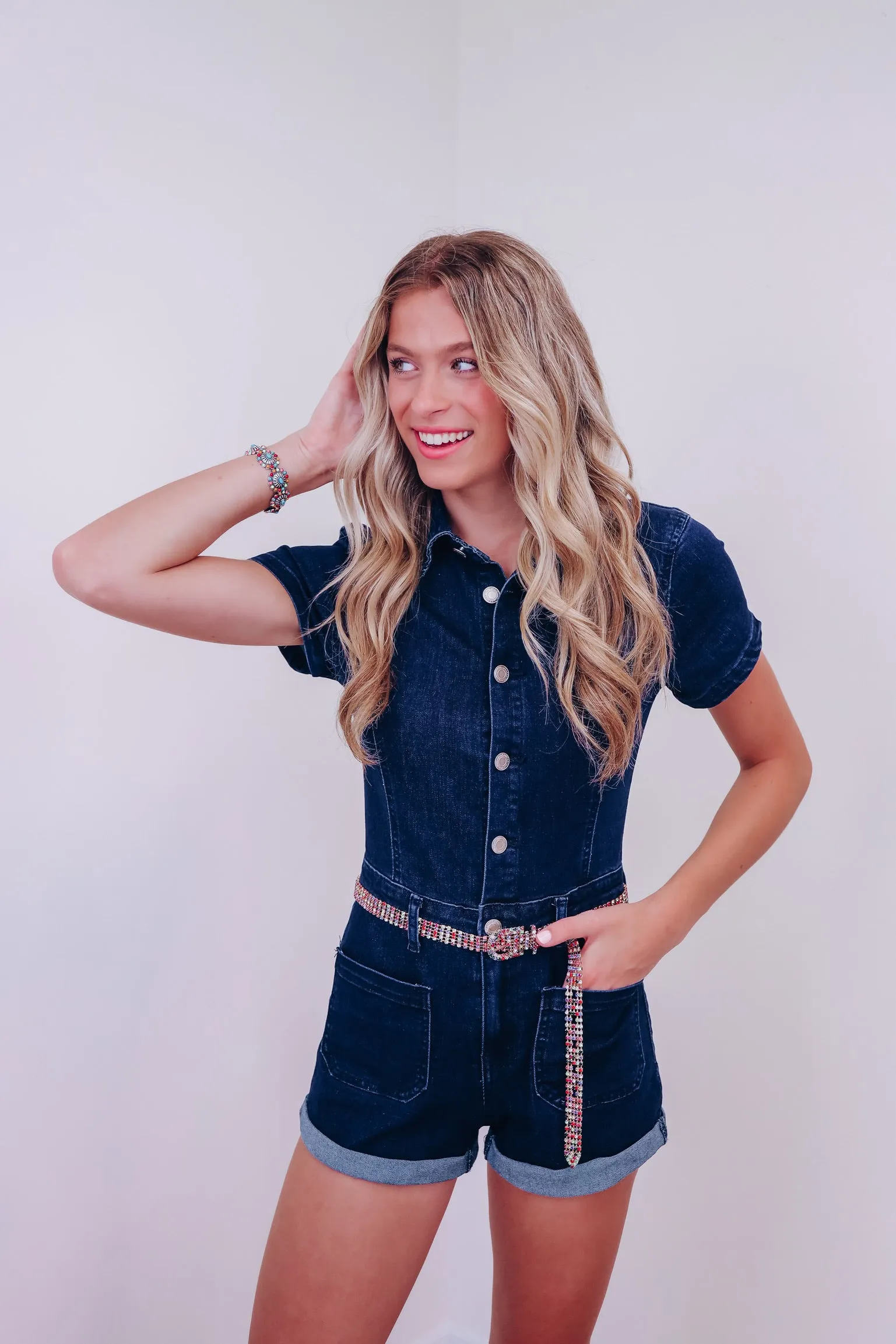 Outlaw Cuffed Denim Romper - Dark Denim