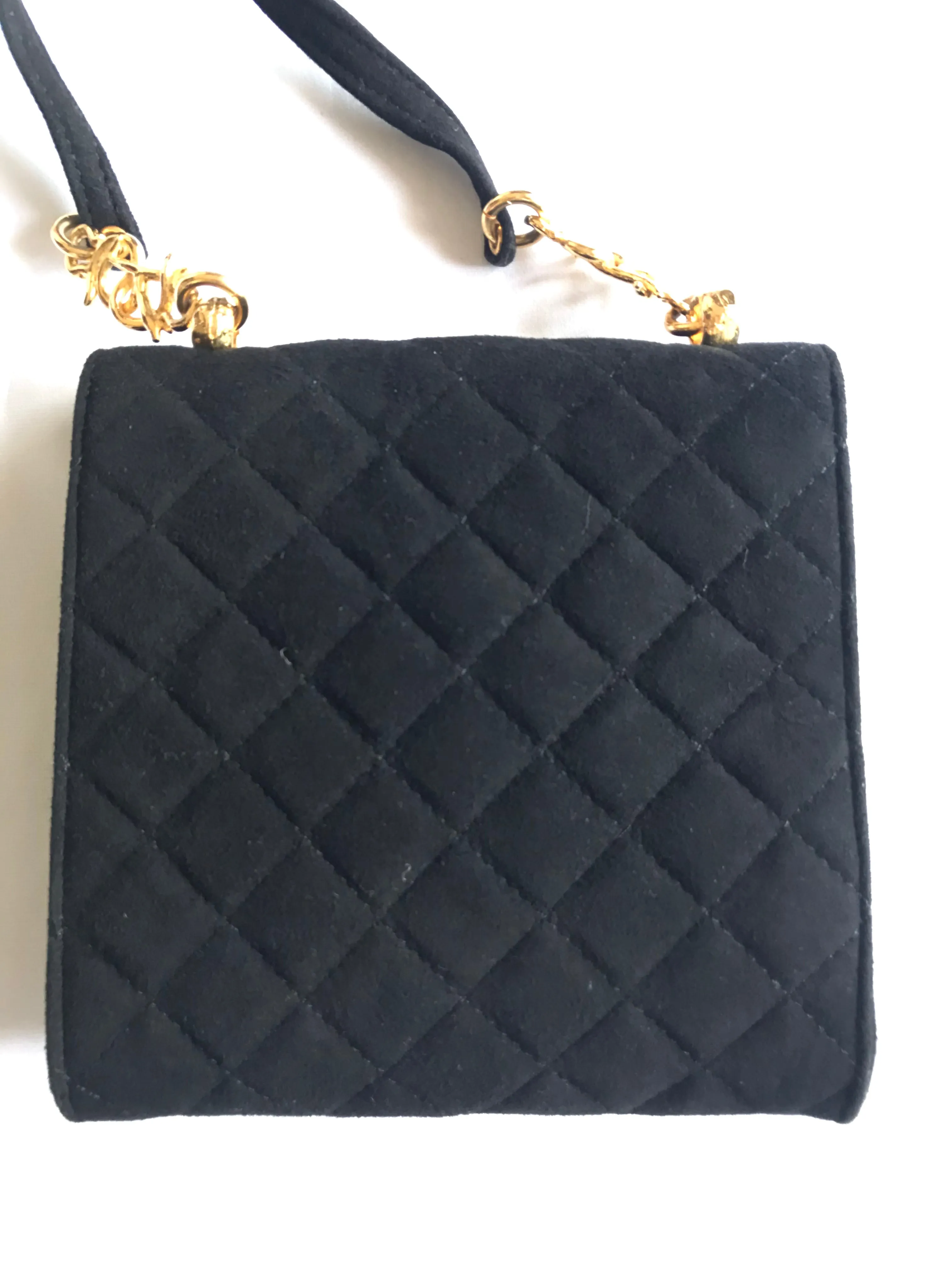 Vintage Sonia Rykiel black suede leather purse with golden logo brass. Quilted suede bag. 0404254
